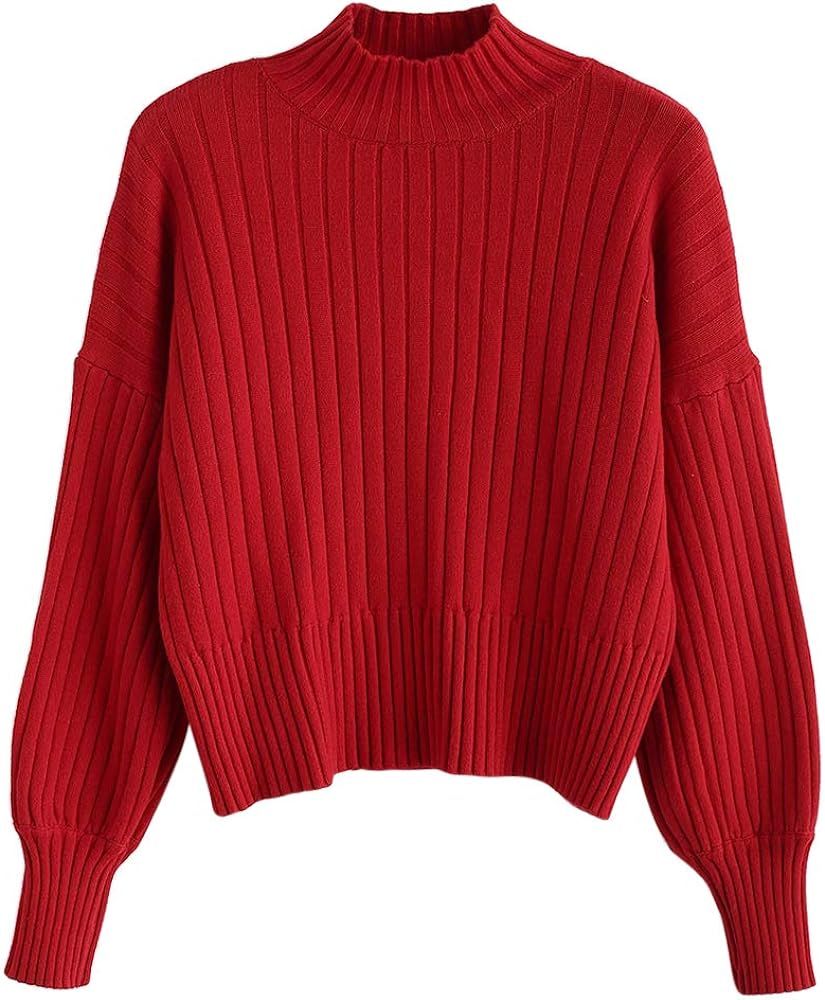 ZAFUL Women's Ribbed Knitted Sweater, Mock Neck Long Sleeve Pullover, Solid Color High Neck Drop Sho | Amazon (US)
