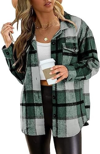 JWFORIDY Women's Flannel Plaid Shacket Jacket Casual Plaid Button Down Long Sleeve Shirt Clothes Outfits 2024 | Amazon (US)