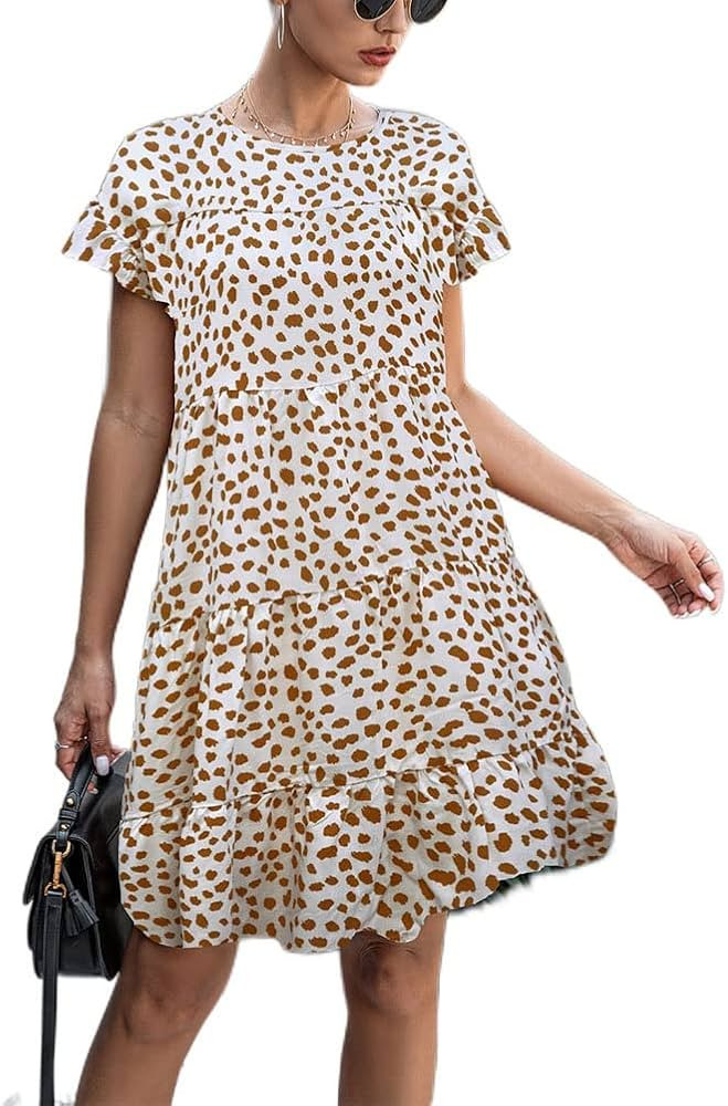 Womens Dresses Babydoll Tiered Casual Round Neck Short Sleeve Boho Floral Swing Flare Loose Tunic... | Amazon (US)