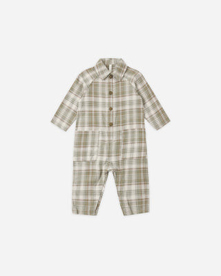 Collared Baby Jumpsuit Olive Dobby Plaid | Rylee + Cru