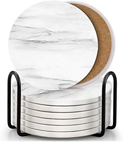 Set of 8 Coasters for Drinks ,EAGMAK Absorbent Marble Style Ceramic Drink Coaster with Holder for... | Amazon (US)