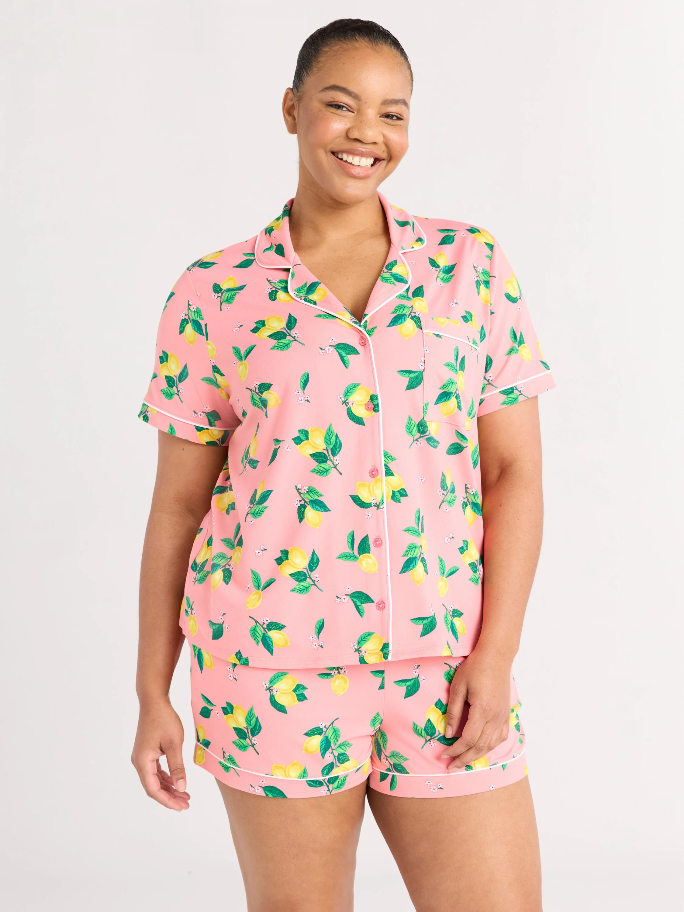 Joyspun Women’s Dreamy Soft Collection Short Sleeve Knit Notch Collar Top and Shorts Pajama Set... | Walmart (US)