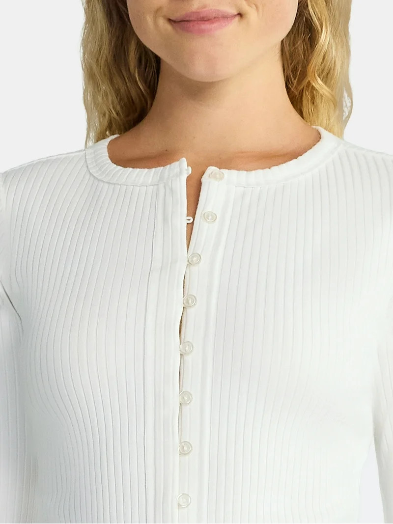 Madden NYC Women's Button Up Ribbed Top with Long Sleeves, Sizes XXS-XXL | Walmart (US)