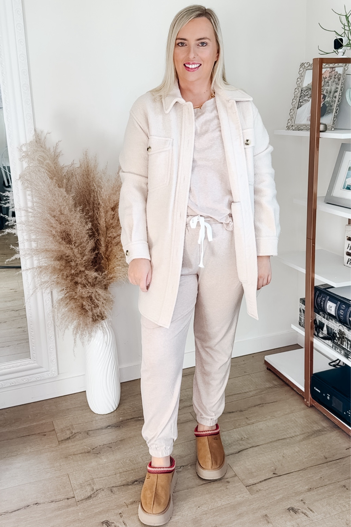 Midsize style. 
Monochromatic style. 
Aritzia Shacket. 
Amazon matching set. 
Causal style. 
Ugg tazz. 
Neutral set. 

Set: size xl 
Jacket: size down Medium 

#LTKstyletip #LTKmidsize #LTKfindsunder50