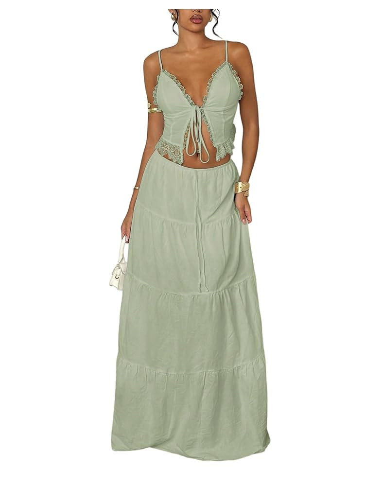 Floerns Women's 2 Piece Outfit Lace Trim Tie Front Camisole Top Tiered Maxi Skirts Set | Amazon (US)