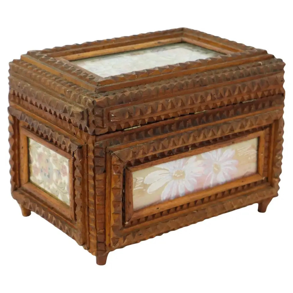 Old Wooden Tramp Art Box Jewelry Box Trinket Folk Art | 1stDibs