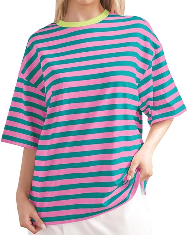 Oversized Tshirts for Women Striped Crew Neck Short Sleeve T-Shirts Fashion Loose Pullover Tops S... | Amazon (US)