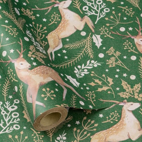RUSPEPA Christmas Wrapping Paper Roll for Women Men, Mini Roll, Green Reindeer and Botanical Foliage Design, Elegant Kraft Gift Wrap Paper for Christmas, Holiday, Winter Party, 17 Inches x 16.4 Feet | Amazon (US)