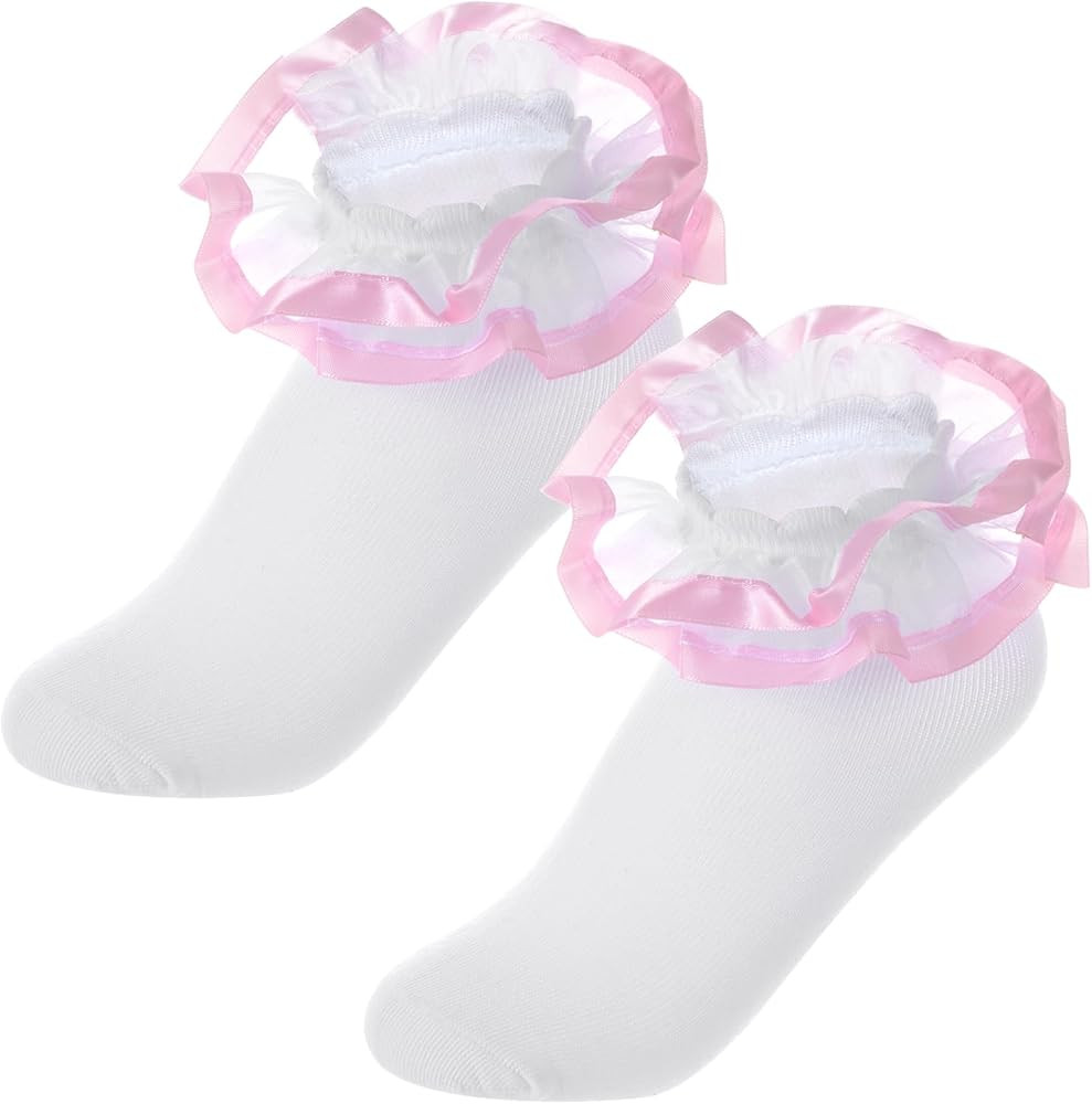 2 Pairs Girls Ruffle Lace Socks Fancy Frilly Dress Princess Socks | Amazon (US)