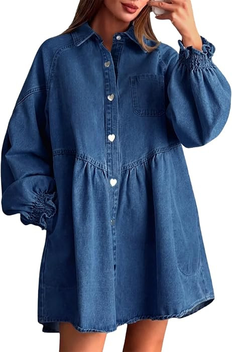 Womens Babydoll Denim Dress Puff Sleeve Button Up Jean Mini Dress | Amazon (US)