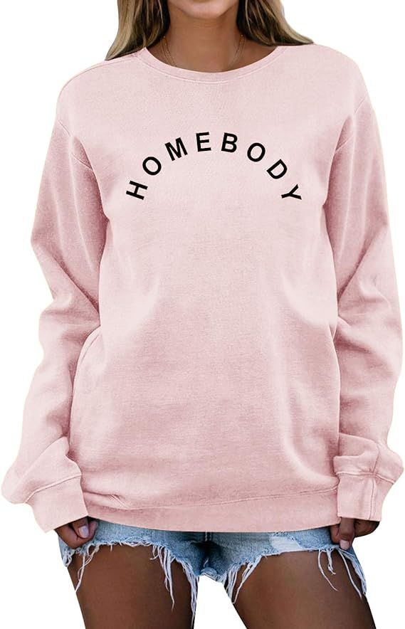 GEMLON Homebody Shirt Women Cute Letter Printed T-Shirts Long Sleeve Top Pullover Sweatshirt | Amazon (US)