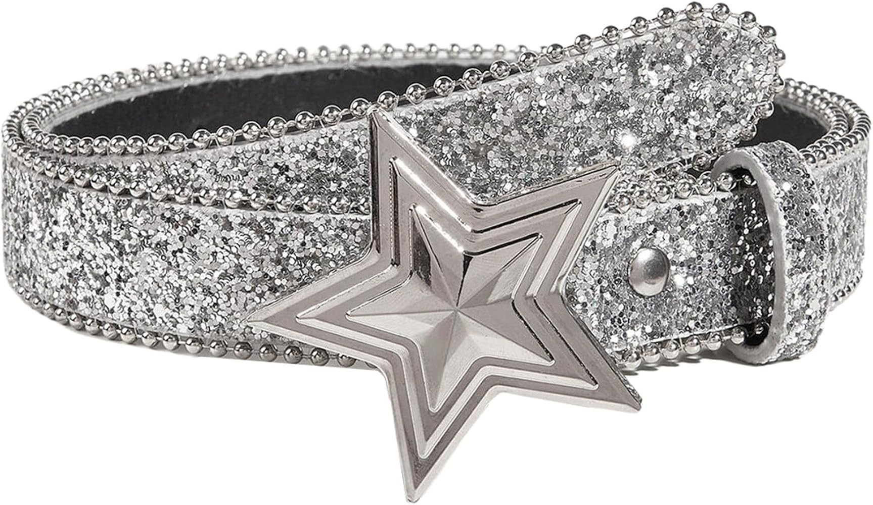 Women Shiny Sequins PU Leather Waist Belt Girls Bling Y2K Star Belts for Jeans Dress | Amazon (US)