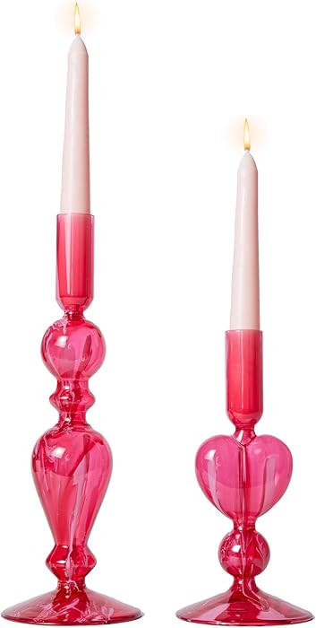 DN DECONATION Pink Glass Candle Holders Set of 2 – Heart Taper Candle Holders for Valentine's D... | Amazon (US)