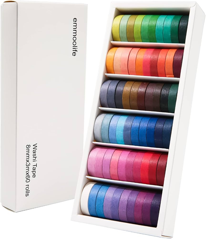 60 Rolls Washi Tape Sets 8mm Wide 10ft Long Basic Solid Color Rainbow Colored Decorative Thin Mas... | Amazon (US)