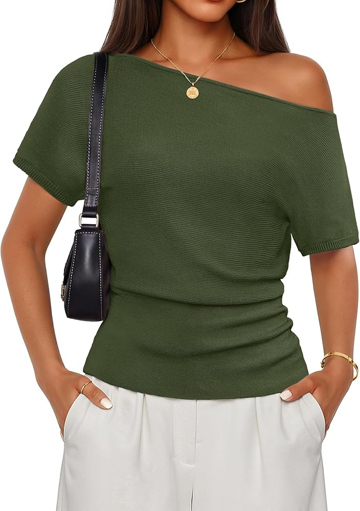 ZESICA Women's Off The Shoulder Short Sleeve Sweater Tops 2026 Summer Casual Ruched Knit Going Ou... | Amazon (US)