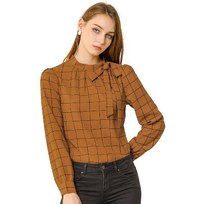 INSPIRE CHIC Women's Bow Tie Neck Keyhole Back Grid Checks Office Work Blouses Brown X-Large | Target