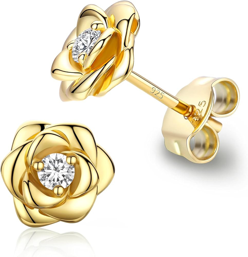 Gold Plated Sterling Silver Rose Flower Earring Studs, Hypoallergenic & Nickel Free Earrings for ... | Amazon (US)