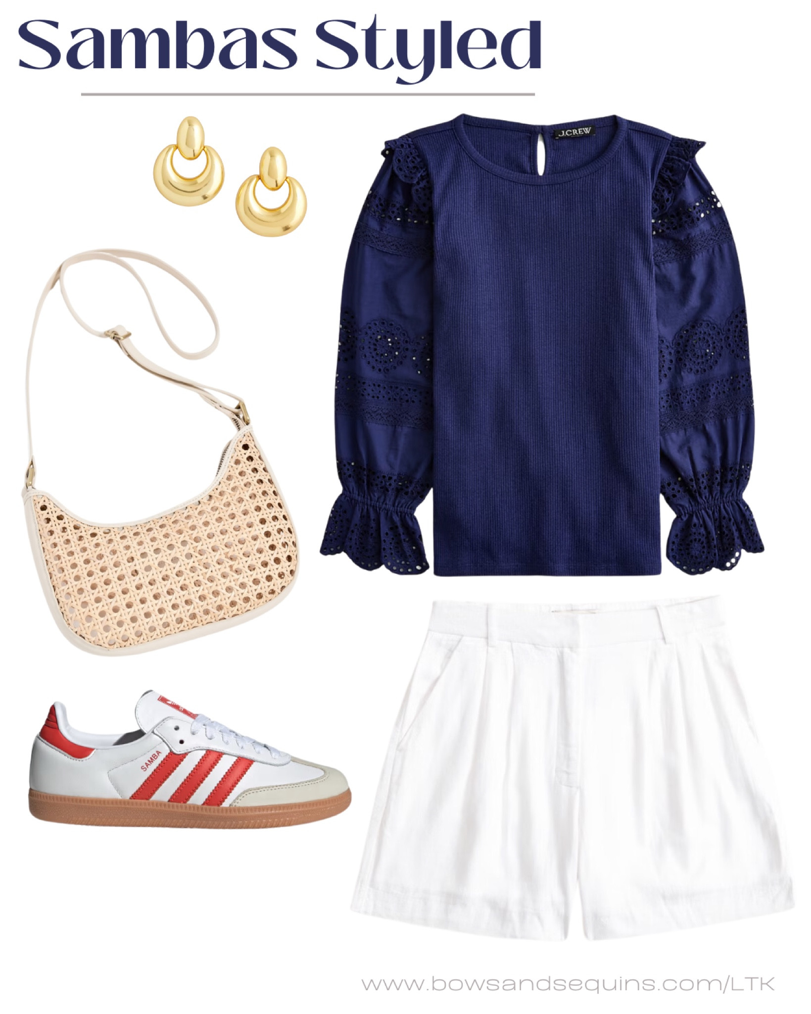 I love this outfit for the Farmers Market, a street festival, or even a brunch and shopping. Navy eyelet blouse that tucks so well into shorts, white trouser shorts, fun sneakers with a pop of red, and a cool rattan crossbody bag. 

#LTKFestival #LTKSeasonal #LTKfindsunder100