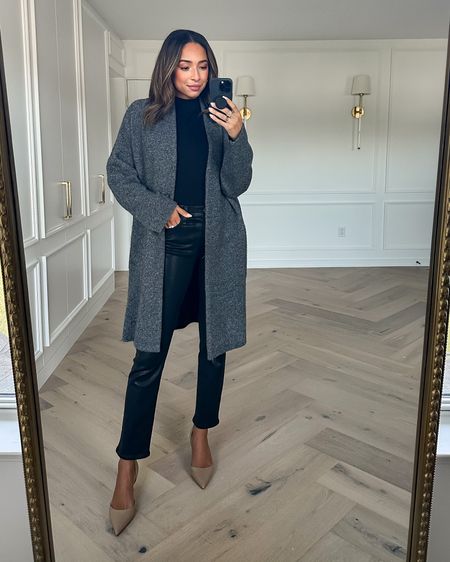 Nordstrom anniversary sale outfit 🖤 Wearing a Small in cardigan coat (runs big), XXS in mock neck sweater (runs big), 26 in coated jeans (TTS), nude pumps are comfy and fit TTS

#LTKunder100 #LTKxNSale #LTKstyletip