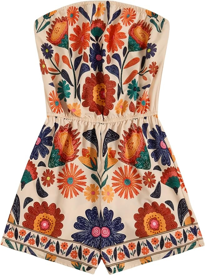 SweatyRocks Women's Off Shoulder Floral Print Playsuit Strapless Romper Short Jumpsuit | Amazon (US)