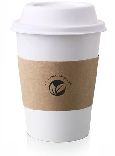 KTOB [50 pack] 12 oz Compostable Coffee Cups with Lids and Kraft Sleeves, Eco Friendly Disposable White Paper Cups Combo for Hot Beverage | Amazon (US)