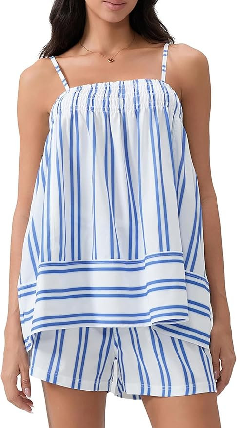 Women Y2K Striped Pajama Set 2 Piece Ruffle Hem Cami Tops and Stripe Boxer Shorts Pj Set Sleepwea... | Amazon (US)