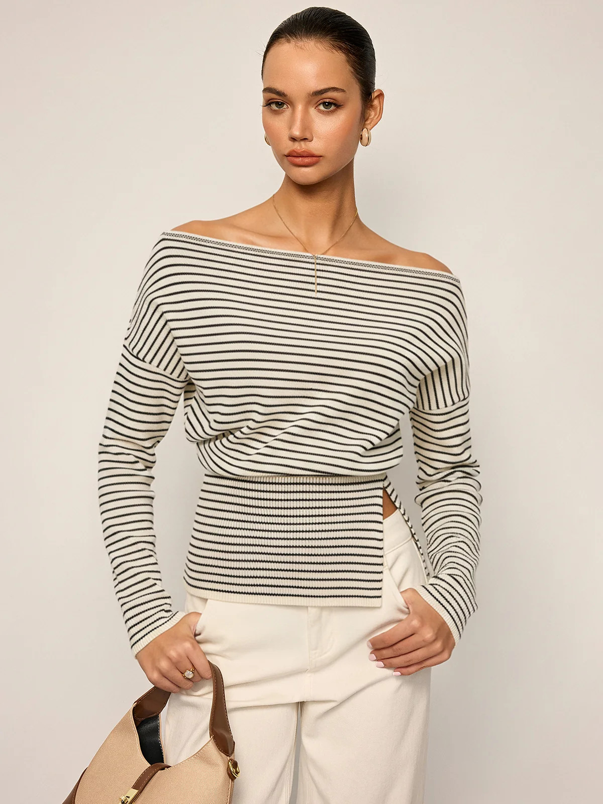 Slit Hem Off-Shoulder Striped Sweater | Commense