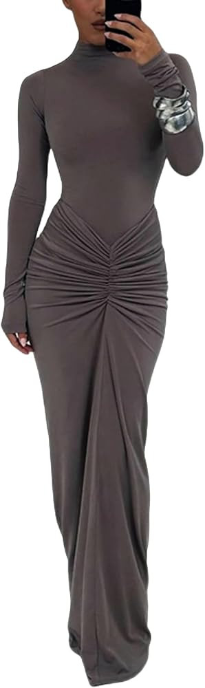 Women's Sexy Turtleneck Long Sleeve Maxi Dress Elegant Ruched Bodycon Long Dress Casual Party Dre... | Amazon (US)