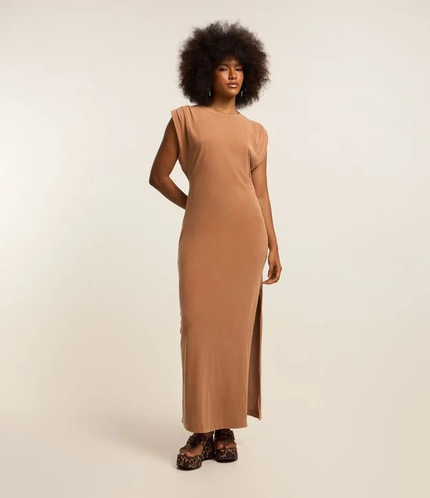 Vestido New Midi em Algodão Estonado com Fenda Lateral Marrom - Lojas Renner | Renner (BR)