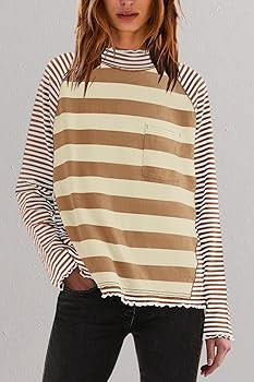 Panadila Womens Color Block Striped Shirts Raglan Long Sleeve Shirt Turtleneck Tunic Tops Fall Lo... | Amazon (US)