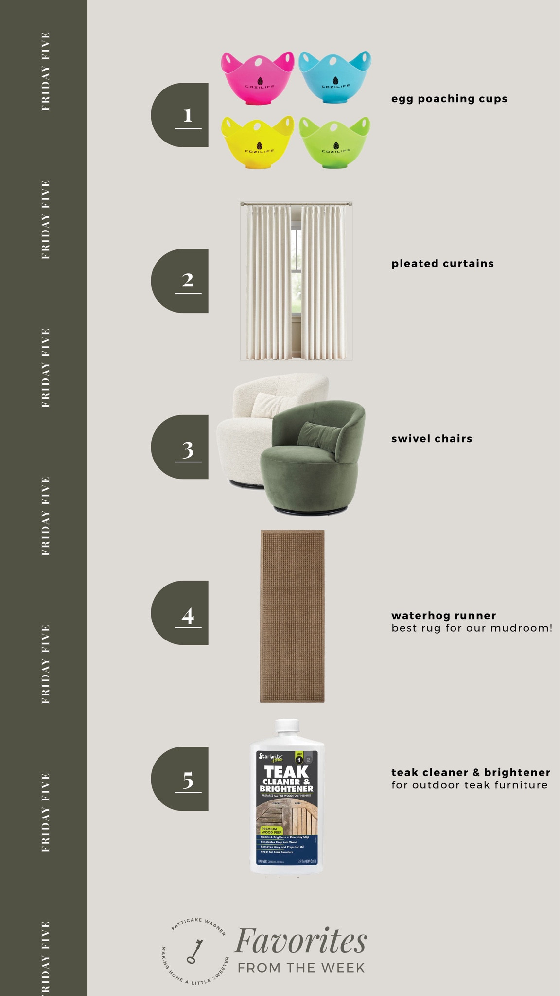 Friday Five: Your favorites from the week. Egg poaching cups, pleated curtains, swivel chairs, waterhog rug, teak cleaner + brightener 

#LTKStyleTip #LTKHome