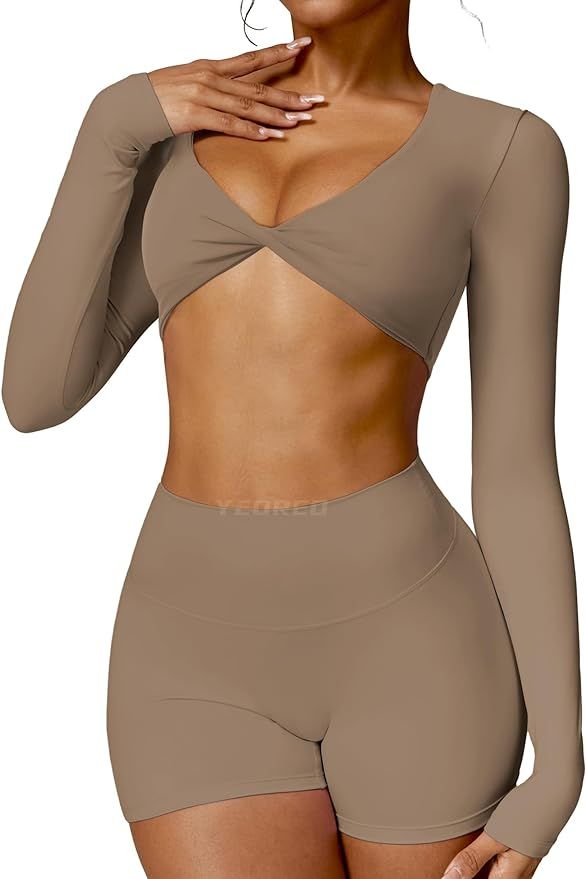 YEOREO Kyla Women Crop Top Long Sleeve Padded Sports Low Medium Impact Yoga Shirt Workout | Amazon (US)