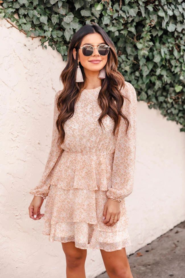 Poetic Love Ruffle Hem Printed Beige Dress | The Pink Lily Boutique