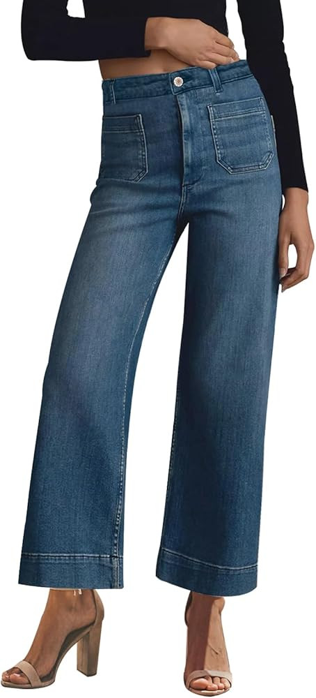 KUNMI Women's Wide Leg High Waisted Stretchy Straight Leg Jeans Baggy Loose Trendy Ankle Denim Pa... | Amazon (US)