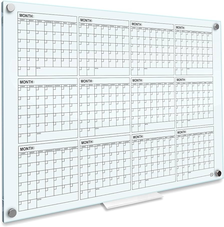 Glass Whiteboard Calendar Yearly Planner White Board Calendar Dry Erase Board 34”x46” Dry Era... | Amazon (US)