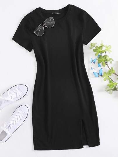 SHEIN Solid Split Hem T-Shirt Dress | SHEIN