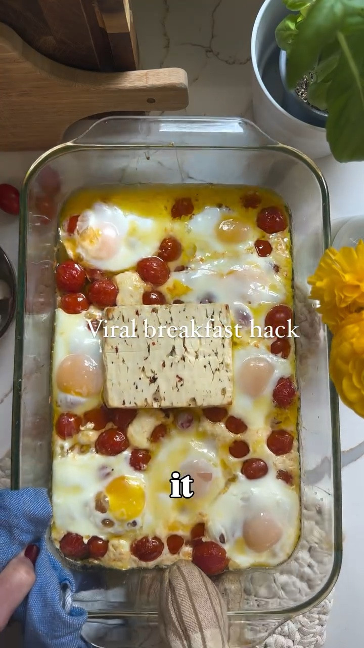 Follow @fridasofiaeats + comment “Recipe” for a link to this recipe. 🍳 

think everyone remember the viral baked feta and cherry tomato combo that broke the internet.  There’s something pretty amazing about that sweet savory tangy combo, but there’s no reason pasta should be the only one having fun. I love making this with eggs too 🍳 perfect for breakfast or brunch! 🍅 

12 oz cherry tomatoes or sliced larger tomatoes
8 oz feta cheese. I used a tomato basil one otherwise add some spices, basil/oregano + salt
8 eggs
Olive oil 

1. Add cherry tomatoes to an oven save tray, along with feta cheese. Drizzle with olive oil, and bake in the oven at 400F for 20 - 25 minutes.

2. Remove from oven, crack eggs over tomatoes, and bakes until egg whites are set, ~6-10 minutes, depending on how runny you like your yolks.

3. Remake from oven and stir to combine everything. Serve with bread or lavash 🫓