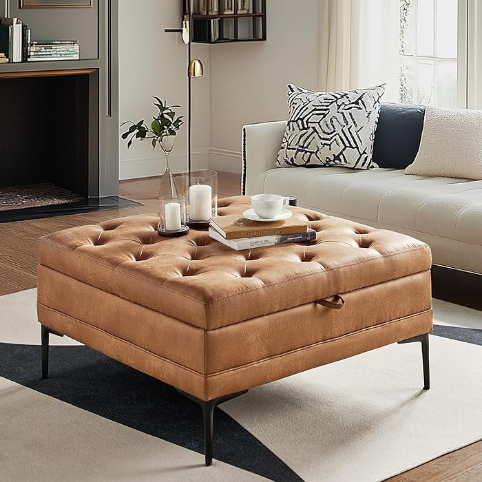 HULALA HOME Faux Leather Coffee Table, 36.5" Square Storage Ottoman with Metal Legs, Button-Tufte... | Amazon (US)