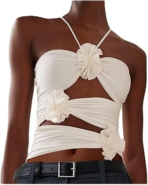 Women Y2k Floral Tank Top 3D Rosette Spaghetti Strap Ruffles Frill Camisole Sleeveless Backless F... | Amazon (US)