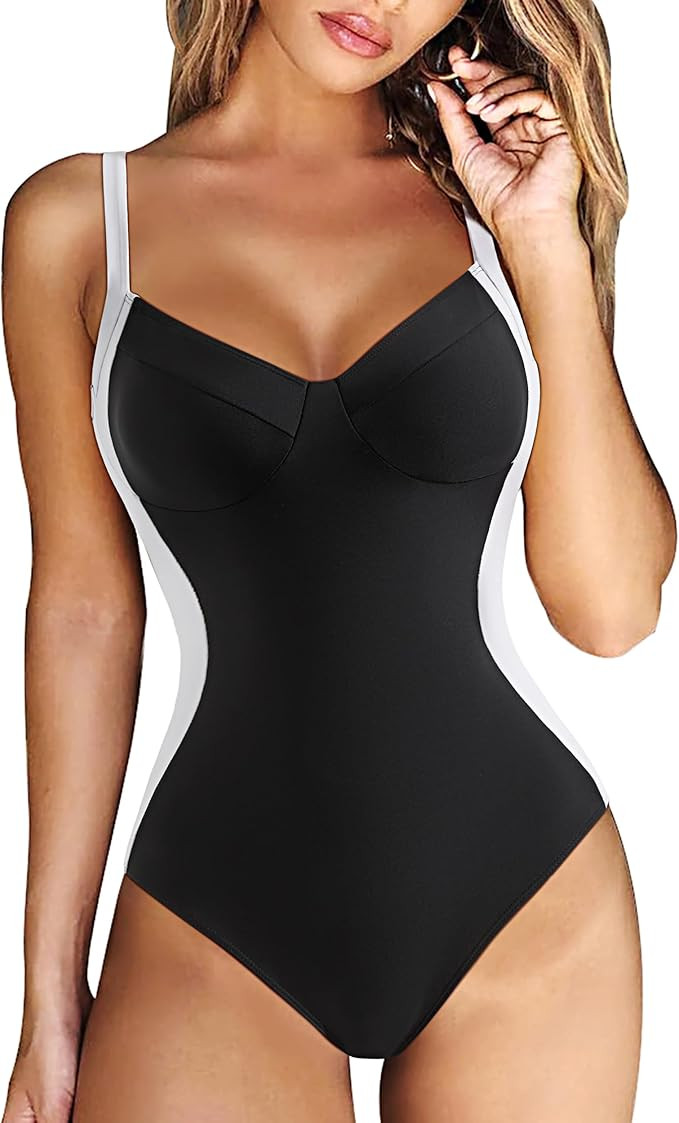 RXRXCOCO Women Slimming Tummy Control One Piece Swimsuits V Neck Crisscross Back Bathing Suit | Amazon (US)