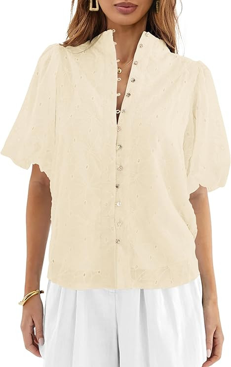 Lazysmile Summer Boho Tops for Women Short Sleeve V Neck Button Down Hollow Out Lace Embroidered ... | Amazon (US)
