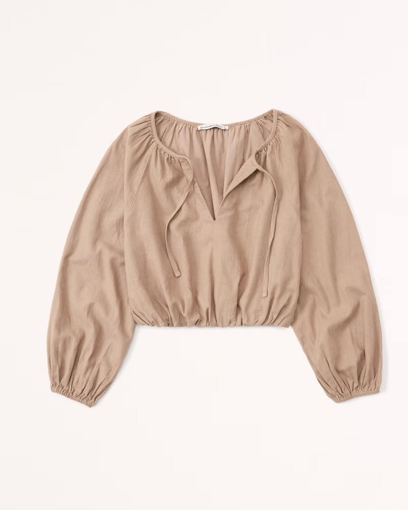Long-Sleeve Linen-Blend Peasant Set Top | Abercrombie & Fitch (US)