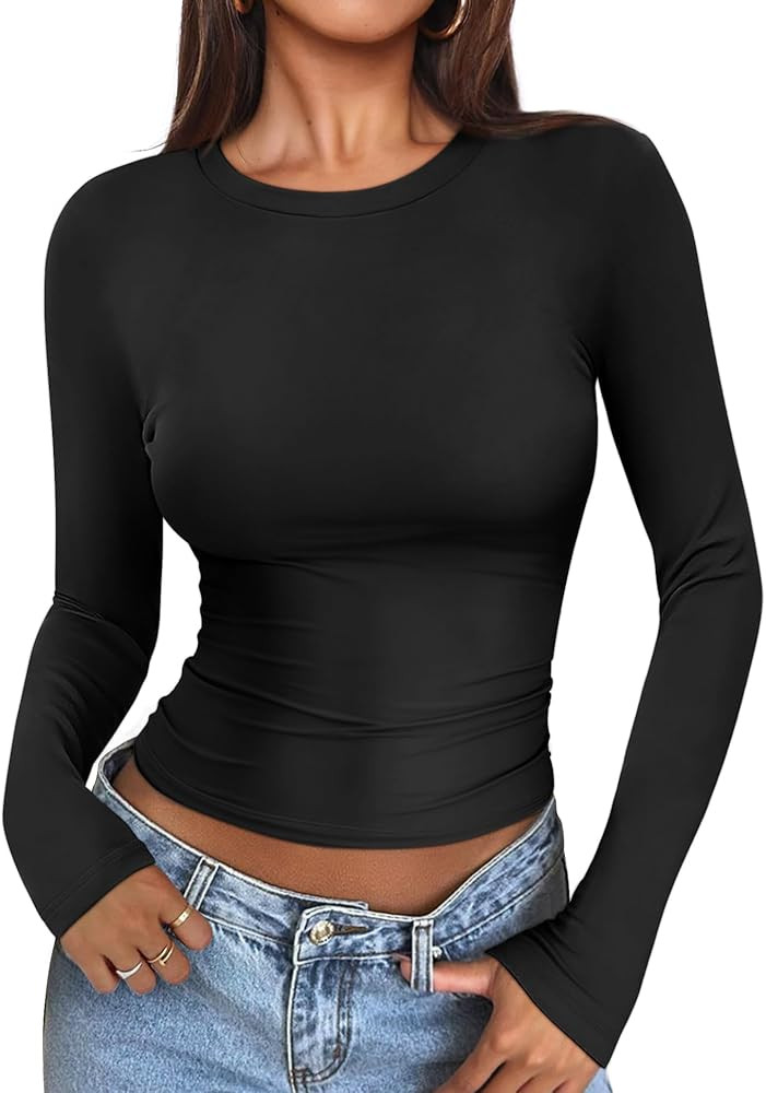 ATHMILE Womens Basic T-Shirts Going Out Crop Tops Tight Slim Fit Cute Teen Girls Short Sleeve/Lon... | Amazon (US)