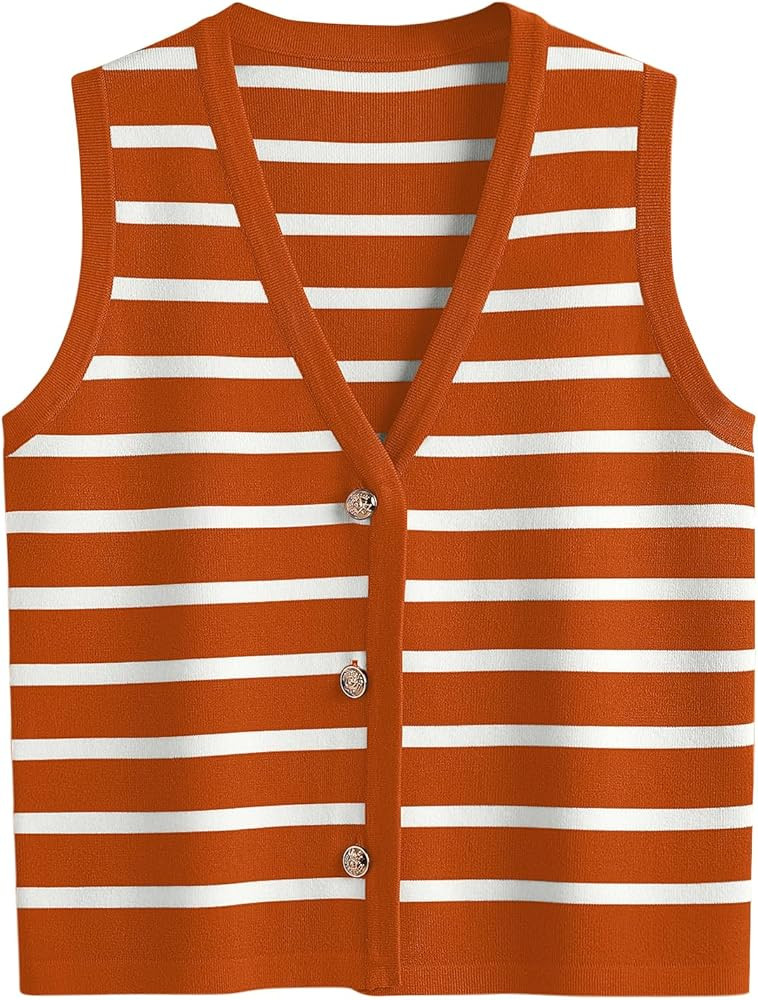 LILLUSORY Summer Vest Tops for Women 2025 Striped Sweater Vests Vacation Button Up Outfits Spring... | Amazon (US)