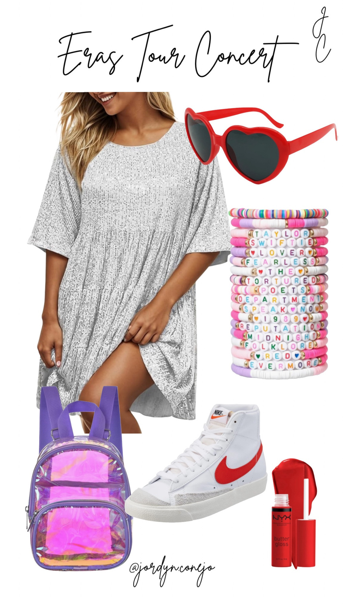 Eras Tour Outfit- Taylor Swift Concert Outfit- Sequin Dress- Concert Backpack- Friendship Bracelets- Heart Sunglasses- Nikes- Red- Concert Outfit Inspo 

#LTKStyleTip #LTKShoeCrush #LTKMidsize