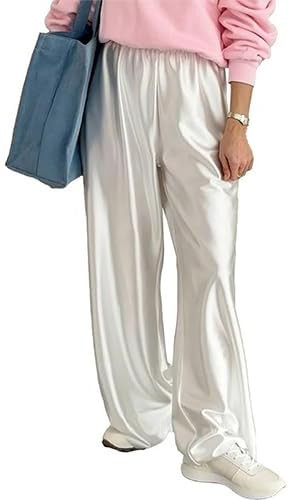 WANLUOSUXWomen's Metal Shiny Pants Silk High Waisted Elastic Waistband Casual Drape Trousers | Amazon (US)