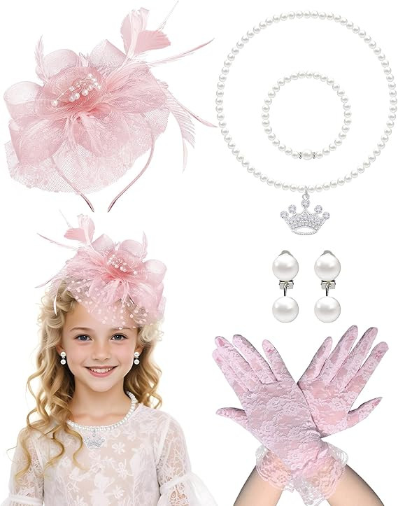 5Pcs Girls Tea Party Fascinators Hats Tea Party Headband and Lace Glove Set for Girls 1920s Party | Amazon (US)