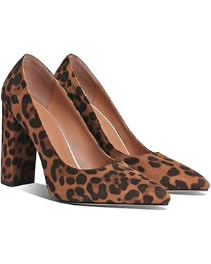 LEHOOR Women Chunky High Heel Pumps Pointed Toe Animal Print Suede Closed Toe Sandals 4 Inch Bloc... | Amazon (US)
