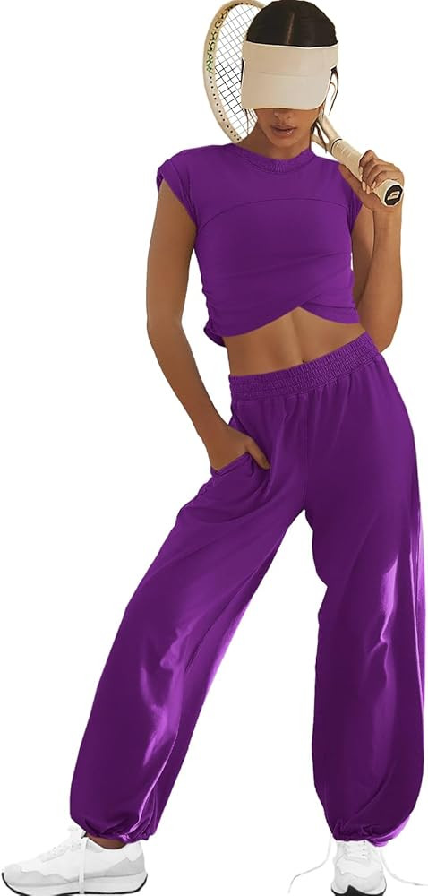 LAMISSCHE Womens Loungewear Set 2 Piece Outfits Sets Cropped Tops and Wide Leg Pants with Pockets... | Amazon (US)