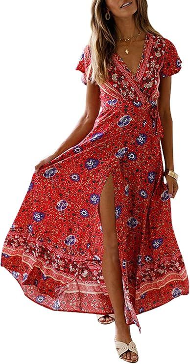 TEMOFON Women's Wrap Dresses Bohemian Floral Printed Summer Casual Short Sleeve V-Neck High Split... | Amazon (US)